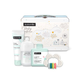 SUAVINEX · MALETA METÁLICA DREAMS AZUL – Pack regalo con cosmética y accesorios para bebé